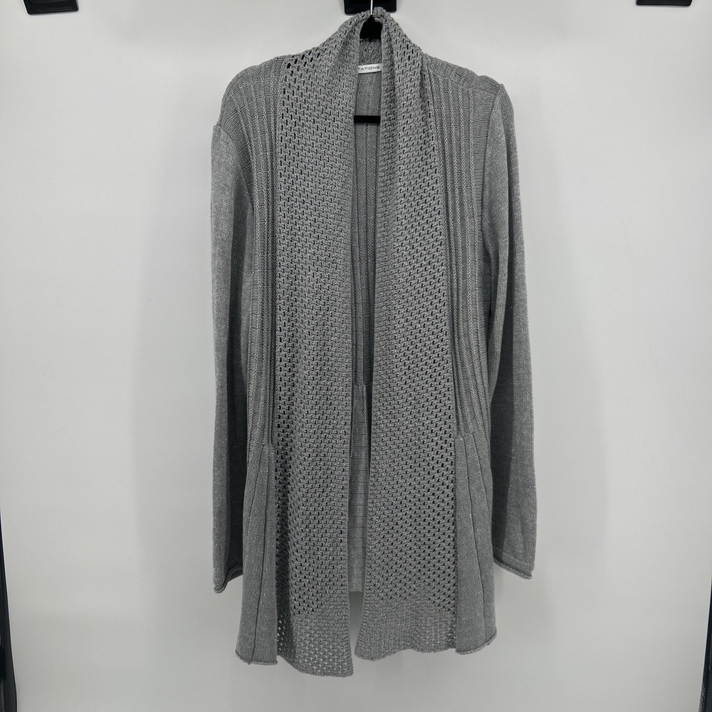 Notations XL Metallic Glam Silver Open Front Duster Cardigan Sweater Cozy Luxury